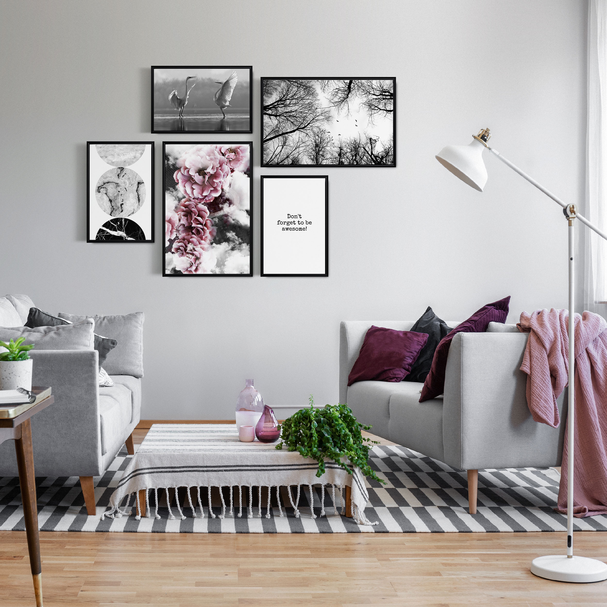 Bilder-Set mit Wanduhr Wandbild Kunstwerk Leinwand Dekoration Blumen