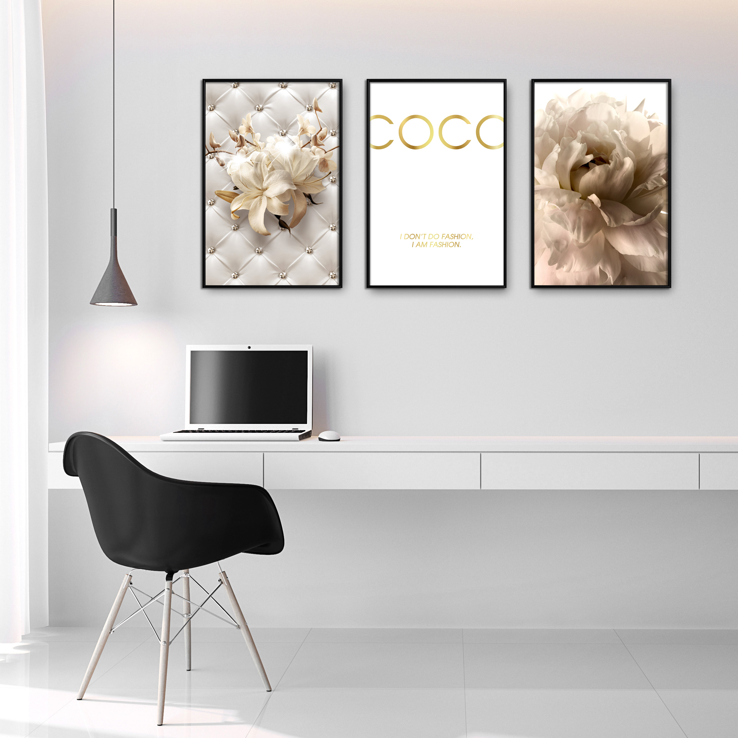 Poster 3er Set RAHMEN Coco Gold metallischen Effekten Wandbild Blumen Kunstdruck