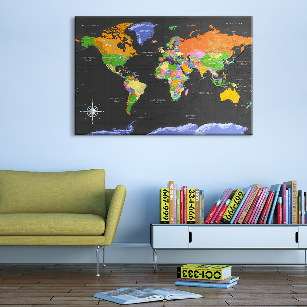 Top Bild Kunstdruck auf Leinwand Wandbild Weltkarte SW 3-Teiler 40 cm*80 cm 058 