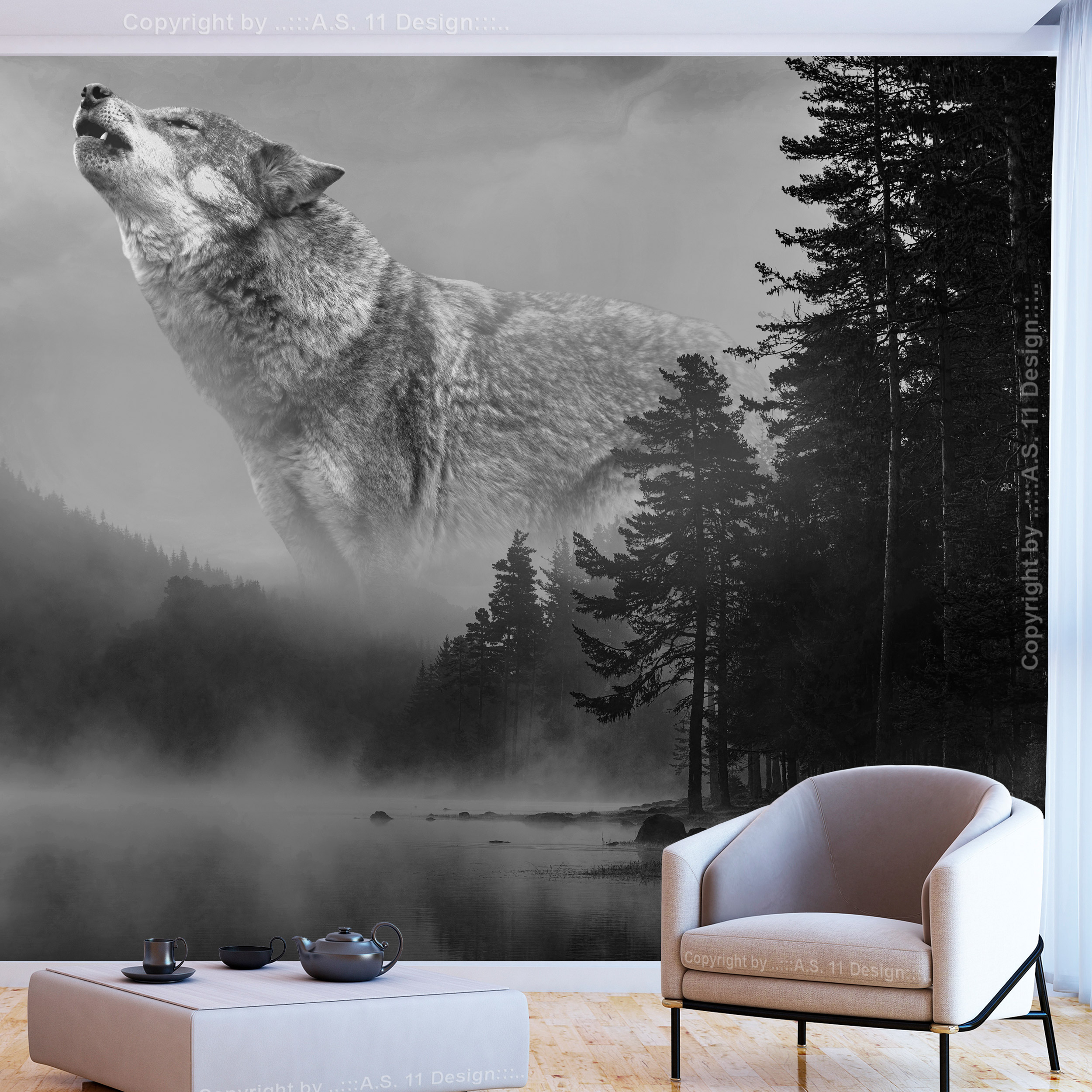 Tapete Fototapete Papier  Wald Wolf Im Nebel